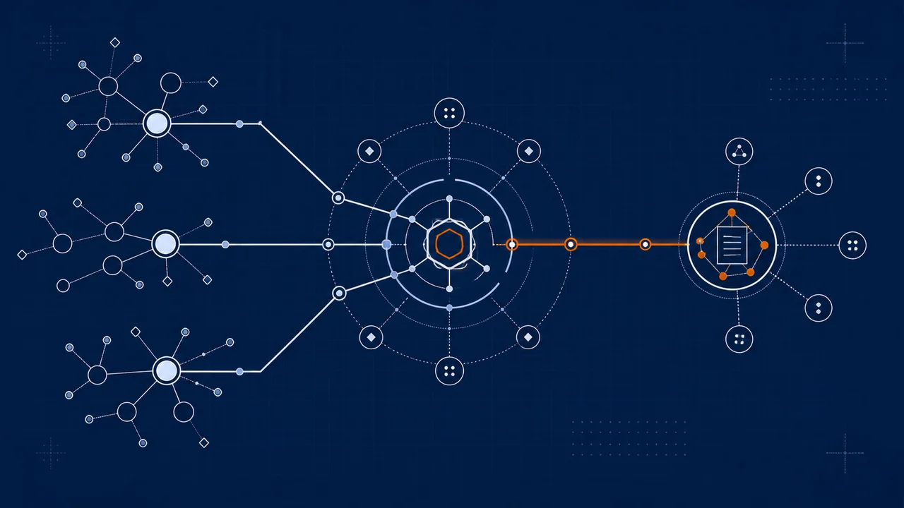 Agent graph clusters converging through a governance gate into an auditable record along an orange write path.