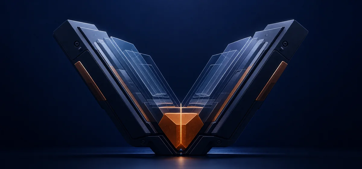 Abstract V-shaped Vellis engine assembly with layered glass plates and an orange core.
