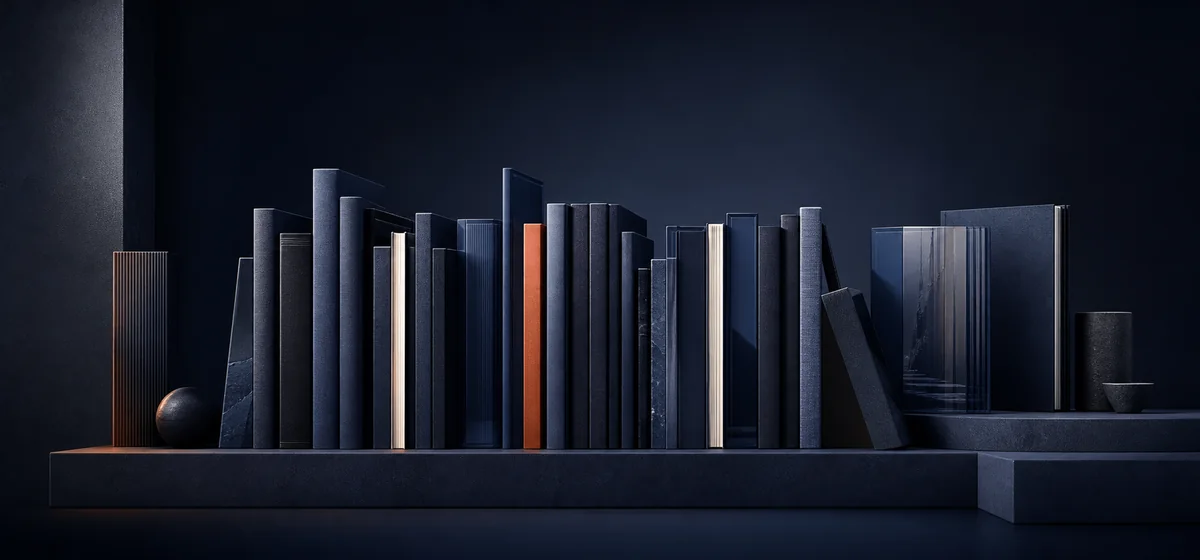 A curated shelf of navy folios and glass volumes with orange and warm-white accents.