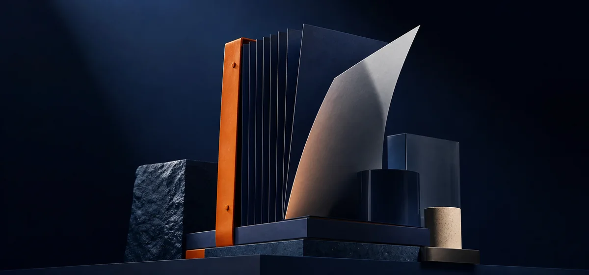 Sculptural navy folios with an orange spine and one lifted page.